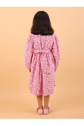 CALYX CLOTHING Pink Color Long-Sleeved Collared Dress with a Subtle Pattern and a Pleated Skirt Design | Fancy Long Frock