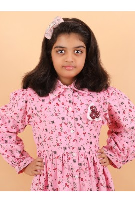CALYX CLOTHING Pink Color Long-Sleeved Collared Dress with a Subtle Pattern and a Pleated Skirt Design | Fancy Long Frock