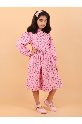 CALYX CLOTHING Pink Color Long-Sleeved Collared Dress with a Subtle Pattern and a Pleated Skirt Design | Fancy Long Frock