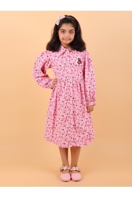 CALYX CLOTHING Pink Color Long-Sleeved Collared Dress with a Subtle Pattern and a Pleated Skirt Design | Fancy Long Frock