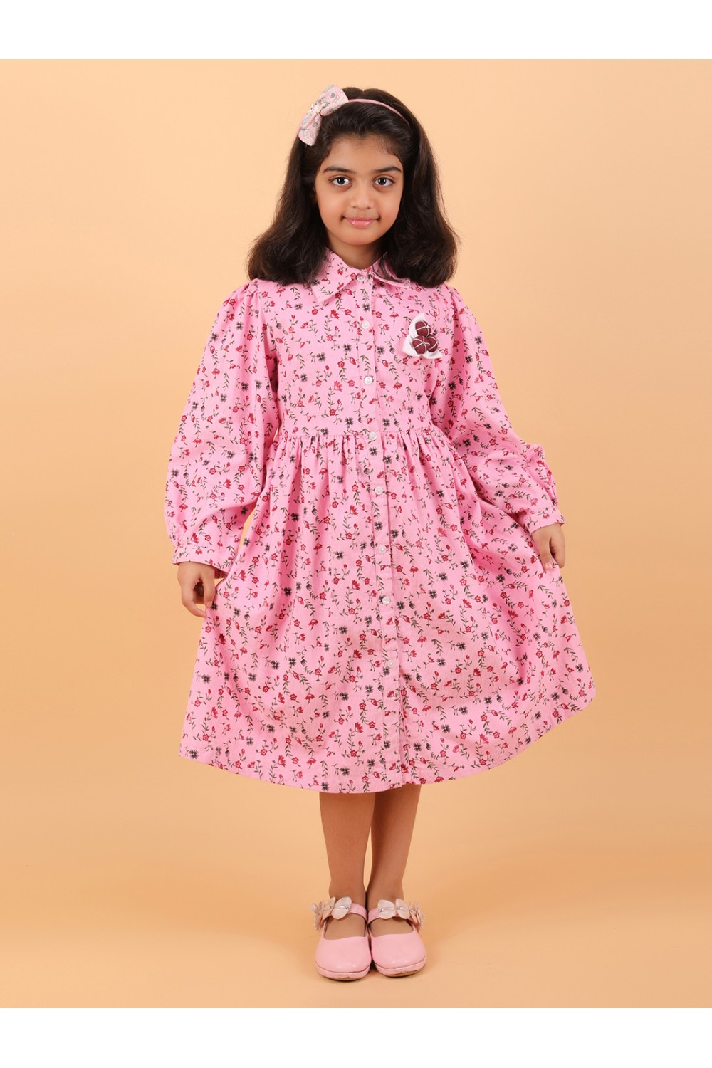 CALYX CLOTHING Pink Color Long-Sleeved Collared Dress with a Subtle Pattern and a Pleated Skirt Design | Fancy Long Frock