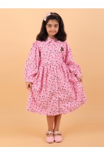 CALYX CLOTHING Pink Color Long-Sleeved Collared Dress with a Subtle Pattern and a Pleated Skirt Design | Fancy Long Frock