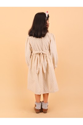 CALYX CLOTHING Mustard Color Long-Sleeved Collared Dress with a Subtle Pattern and a Pleated Skirt Design | Fancy Long Frock