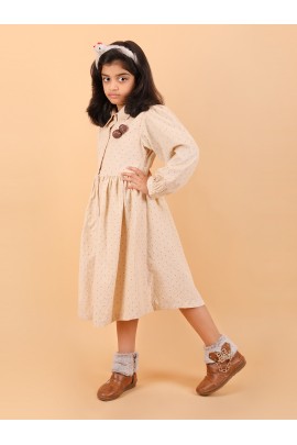 CALYX CLOTHING Mustard Color Long-Sleeved Collared Dress with a Subtle Pattern and a Pleated Skirt Design | Fancy Long Frock