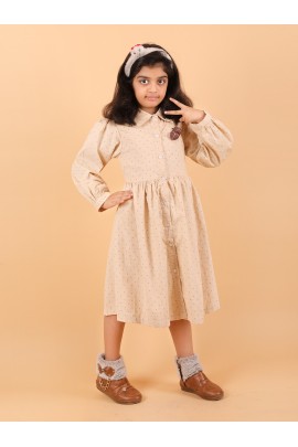 CALYX CLOTHING Mustard Color Long-Sleeved Collared Dress with a Subtle Pattern and a Pleated Skirt Design | Fancy Long Frock