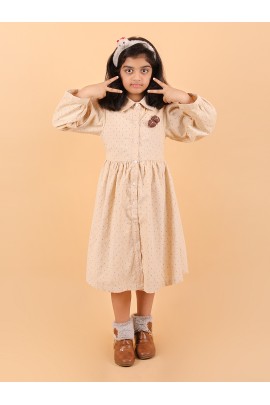 CALYX CLOTHING Mustard Color Long-Sleeved Collared Dress with a Subtle Pattern and a Pleated Skirt Design | Fancy Long Frock
