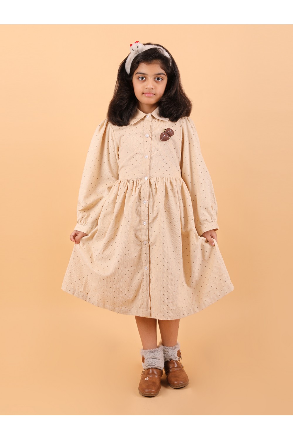CALYX CLOTHING Mustard Color Long-Sleeved Collared Dress with a Subtle Pattern and a Pleated Skirt Design | Fancy Long Frock