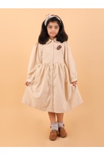 CALYX CLOTHING Mustard Color Long-Sleeved Collared Dress with a Subtle Pattern and a Pleated Skirt Design | Fancy Long Frock