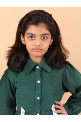 CALYX CLOTHING Girls' Green Corduroy Shirt Dress with White Bow Details