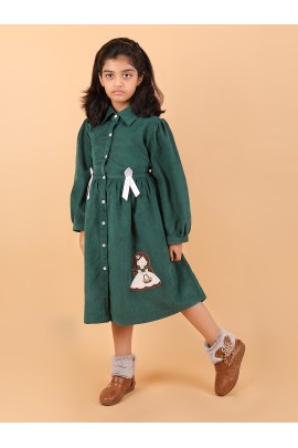 CALYX CLOTHING Girls' Green Corduroy Shirt Dress with White Bow Details