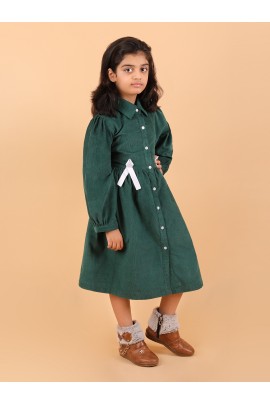 CALYX CLOTHING Girls' Green Corduroy Shirt Dress with White Bow Details