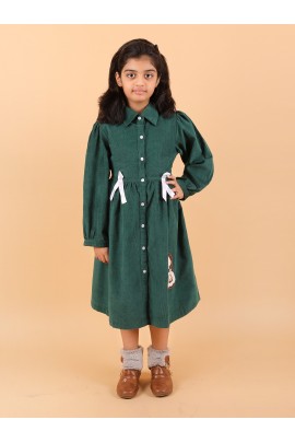 CALYX CLOTHING Girls' Green Corduroy Shirt Dress with White Bow Details