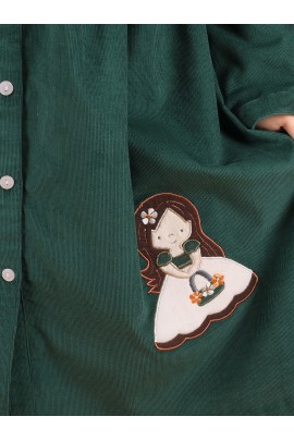 CALYX CLOTHING Girls' Green Corduroy Shirt Dress with White Bow Details