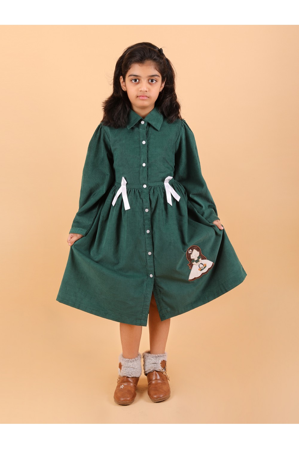 CALYX CLOTHING Girls' Green Corduroy Shirt Dress with White Bow Details