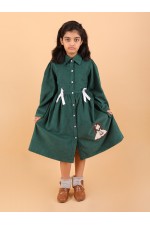 CALYX CLOTHING Girls' Green Corduroy Shirt Dress with White Bow Details