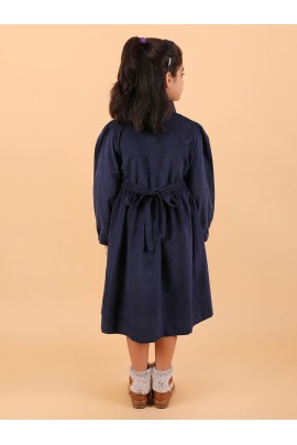 CALYX CLOTHING Girls Navy Blue Corduroy Shirt Dress with White Bow Details