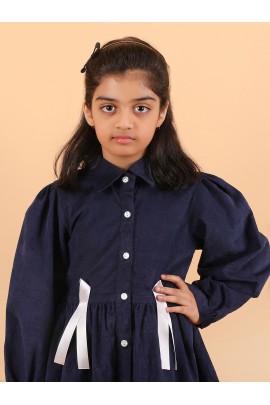 CALYX CLOTHING Girls Navy Blue Corduroy Shirt Dress with White Bow Details