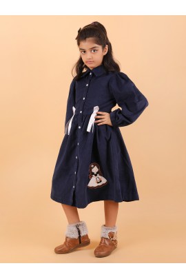 CALYX CLOTHING Girls Navy Blue Corduroy Shirt Dress with White Bow Details