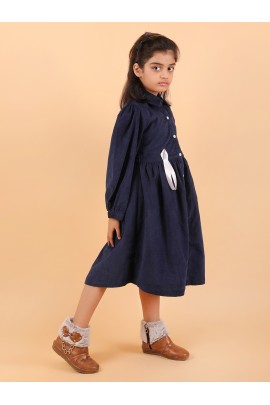 CALYX CLOTHING Girls Navy Blue Corduroy Shirt Dress with White Bow Details