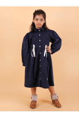 CALYX CLOTHING Girls Navy Blue Corduroy Shirt Dress with White Bow Details