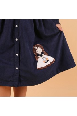 CALYX CLOTHING Girls Navy Blue Corduroy Shirt Dress with White Bow Details