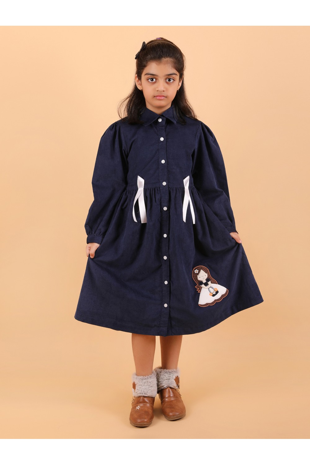 CALYX CLOTHING Girls Navy Blue Corduroy Shirt Dress with White Bow Details
