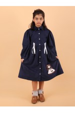 CALYX CLOTHING Girls Navy Blue Corduroy Shirt Dress with White Bow Details
