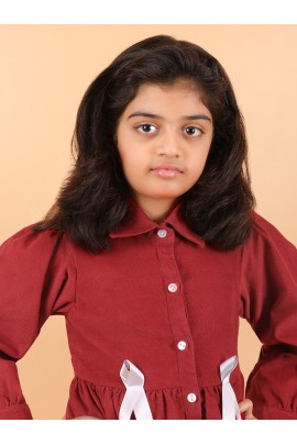 CALYX CLOTHING Girls' Maroon Corduroy Shirt Dress with White Bow Details