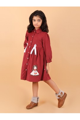 CALYX CLOTHING Girls' Maroon Corduroy Shirt Dress with White Bow Details