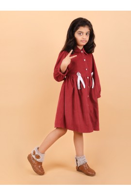 CALYX CLOTHING Girls' Maroon Corduroy Shirt Dress with White Bow Details