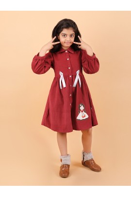 CALYX CLOTHING Girls' Maroon Corduroy Shirt Dress with White Bow Details