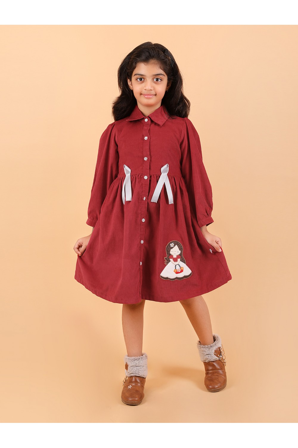 CALYX CLOTHING Girls' Maroon Corduroy Shirt Dress with White Bow Details