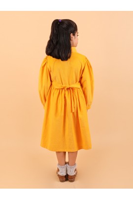 CALYX CLOTHING Girls Yellow Corduroy Shirt Dress with White Bow Details