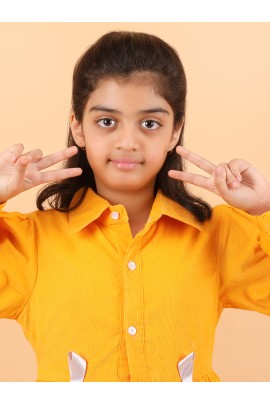 CALYX CLOTHING Girls Yellow Corduroy Shirt Dress with White Bow Details