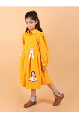 CALYX CLOTHING Girls Yellow Corduroy Shirt Dress with White Bow Details