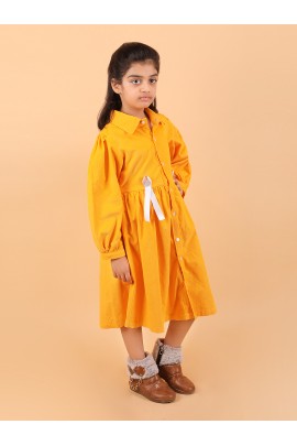 CALYX CLOTHING Girls Yellow Corduroy Shirt Dress with White Bow Details