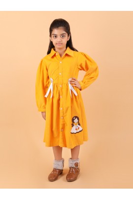 CALYX CLOTHING Girls Yellow Corduroy Shirt Dress with White Bow Details