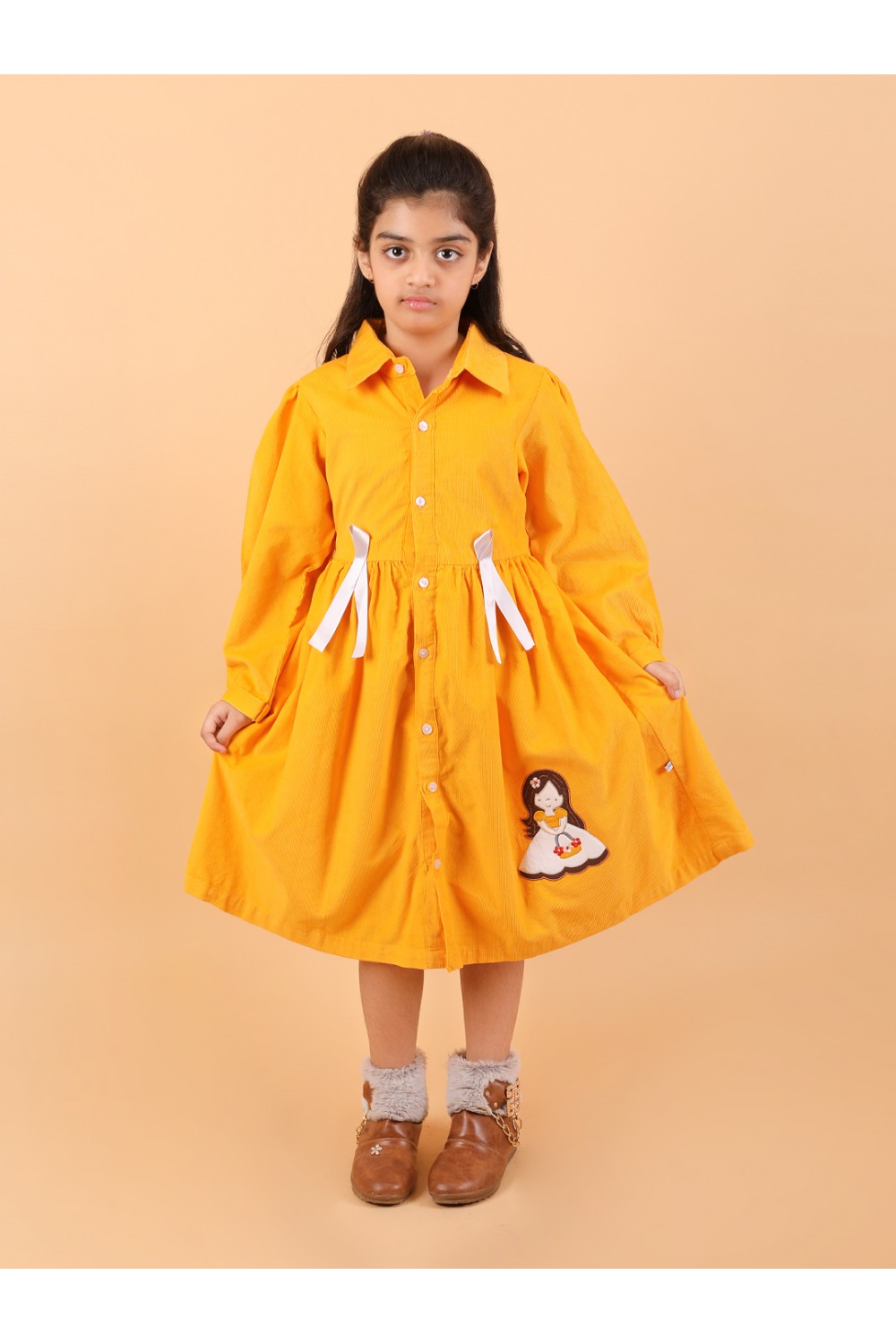 CALYX CLOTHING Girls Yellow Corduroy Shirt Dress with White Bow Details