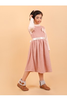 CALYX CLOTHING Sweet Peach Ribbed Dress with Long Sleeves & Bow Accent