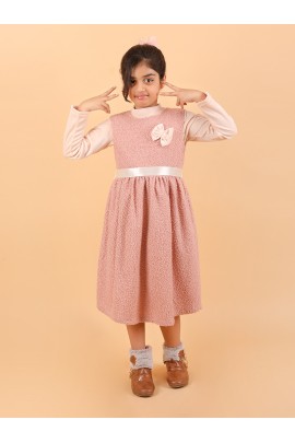 CALYX CLOTHING Sweet Peach Ribbed Dress with Long Sleeves & Bow Accent