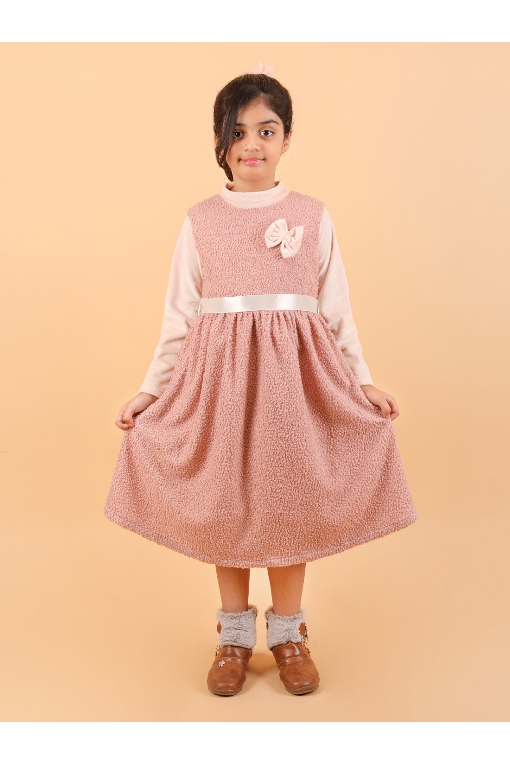 CALYX CLOTHING Sweet Peach Ribbed Dress with Long Sleeves & Bow Accent