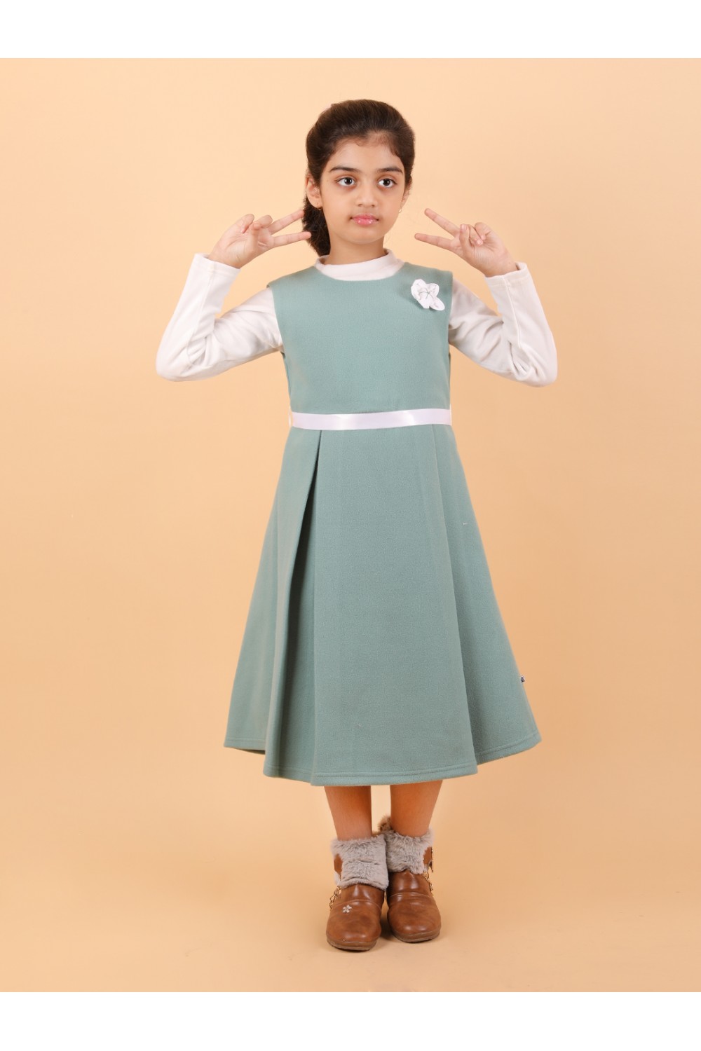CALYX CLOTHING Sweet Green Ribbed Dress with Long Sleeves & Bow Accent