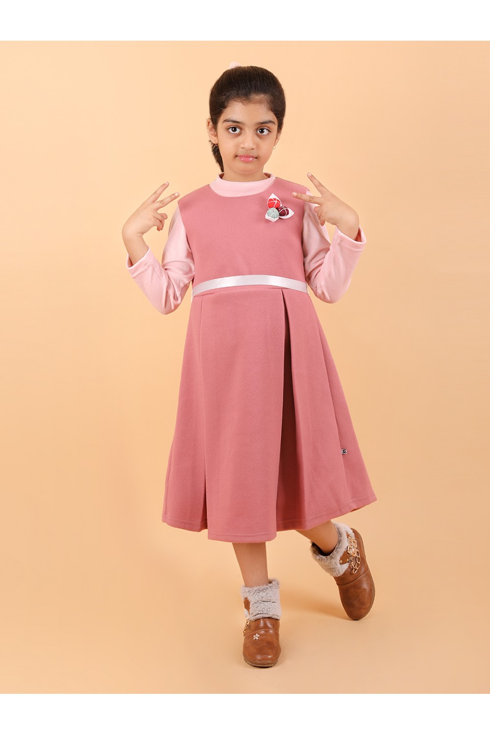CALYX CLOTHING Sweet Pink Ribbed Dress with Long Sleeves & Bow Accent