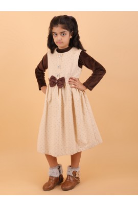 CALYX CLOTHING Sweet Beige Ribbed Dress with Long Sleeves & Bow Accent