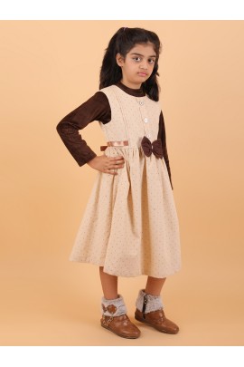 CALYX CLOTHING Sweet Beige Ribbed Dress with Long Sleeves & Bow Accent