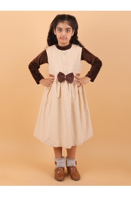 CALYX CLOTHING Sweet Beige Ribbed Dress with Long Sleeves & Bow Accent