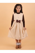 CALYX CLOTHING Sweet Beige Ribbed Dress with Long Sleeves & Bow Accent