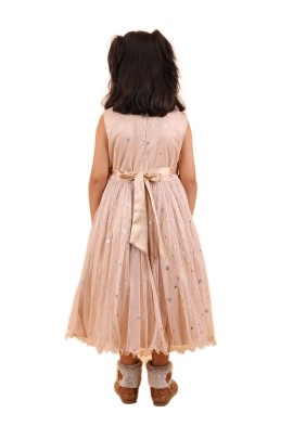 Calyx Clothing Girls Peach Star Print Net Party Gown | Sleeveless Flared Birthday Dress | Flower Detail Fancy Long Frock
