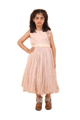 Calyx Clothing Girls Peach Star Print Net Party Gown | Sleeveless Flared Birthday Dress | Flower Detail Fancy Long Frock
