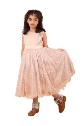Calyx Clothing Girls Peach Star Print Net Party Gown | Sleeveless Flared Birthday Dress | Flower Detail Fancy Long Frock